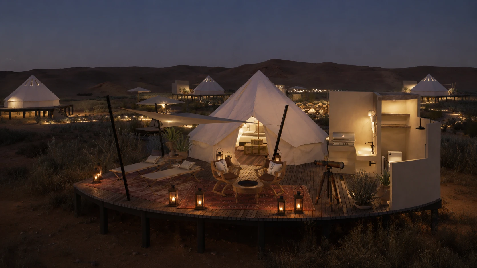 Namib Desert — lantern-lit tented camp at dusk