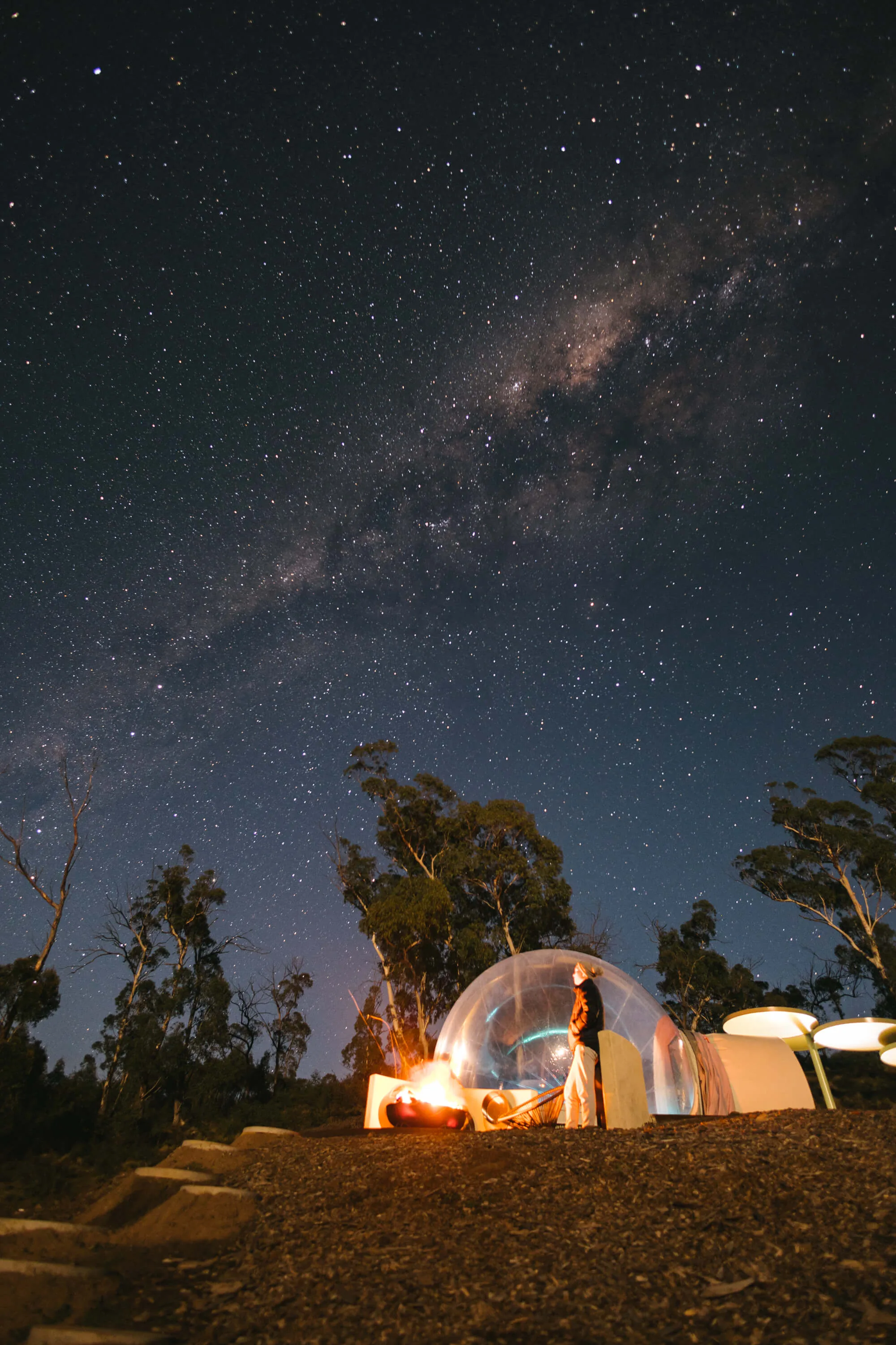 Capertee Valley at night — bubble suite under the Milky Way