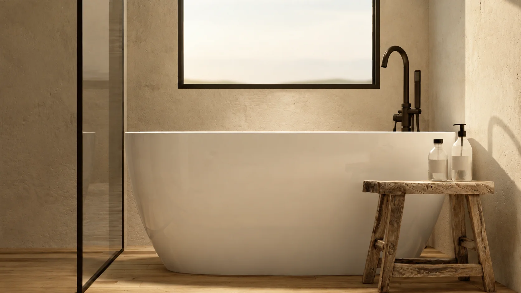 Yucca Valley — Japandi bathroom in stone and soft light