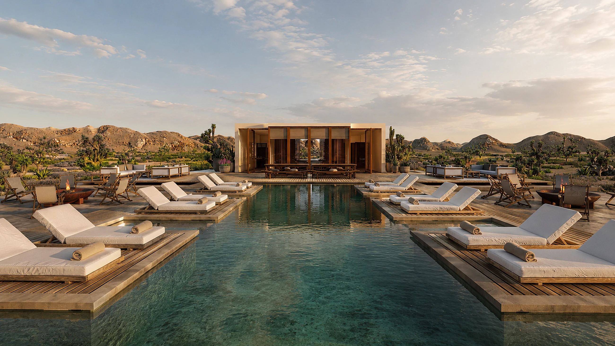 Joshua Tree — pool deck and pavilion at golden hour