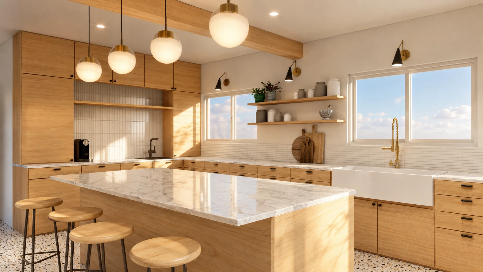 Alaska — oak kitchen with marble island and globe pendants