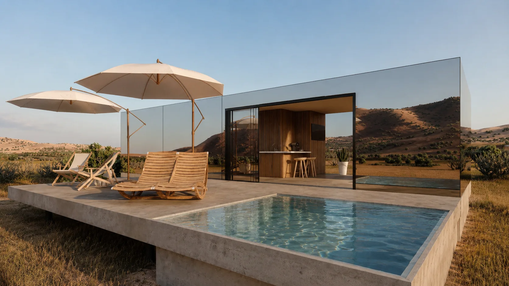 Utah — mirrored cabin with plunge pool in open grassland