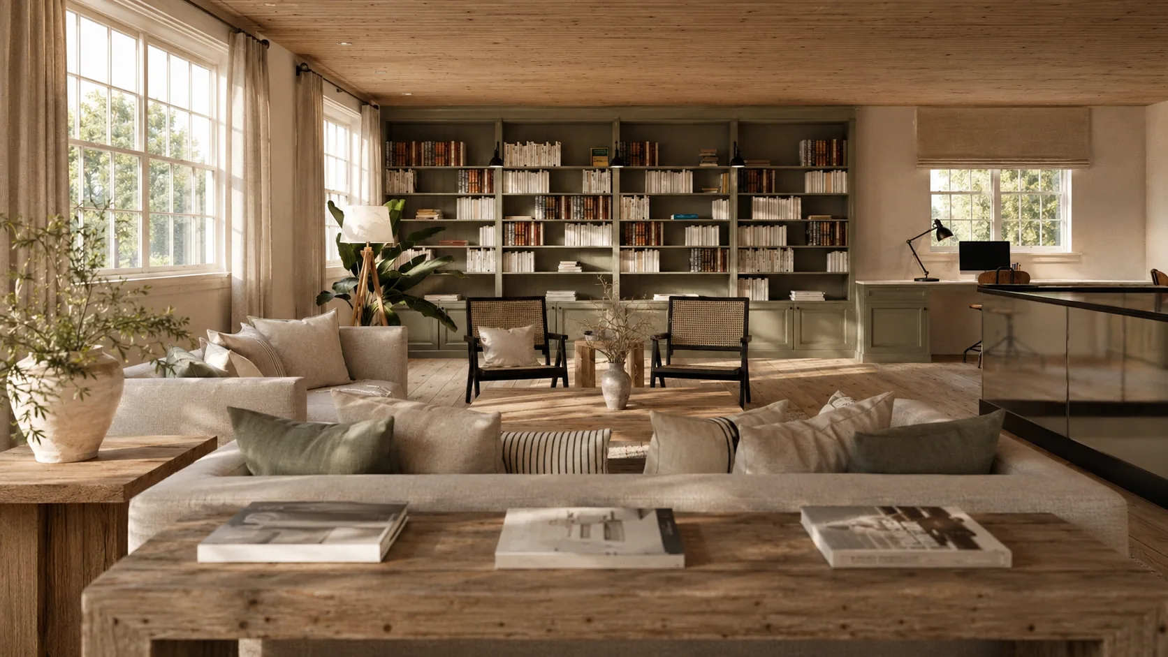 Ontario — cottage living room with library wall