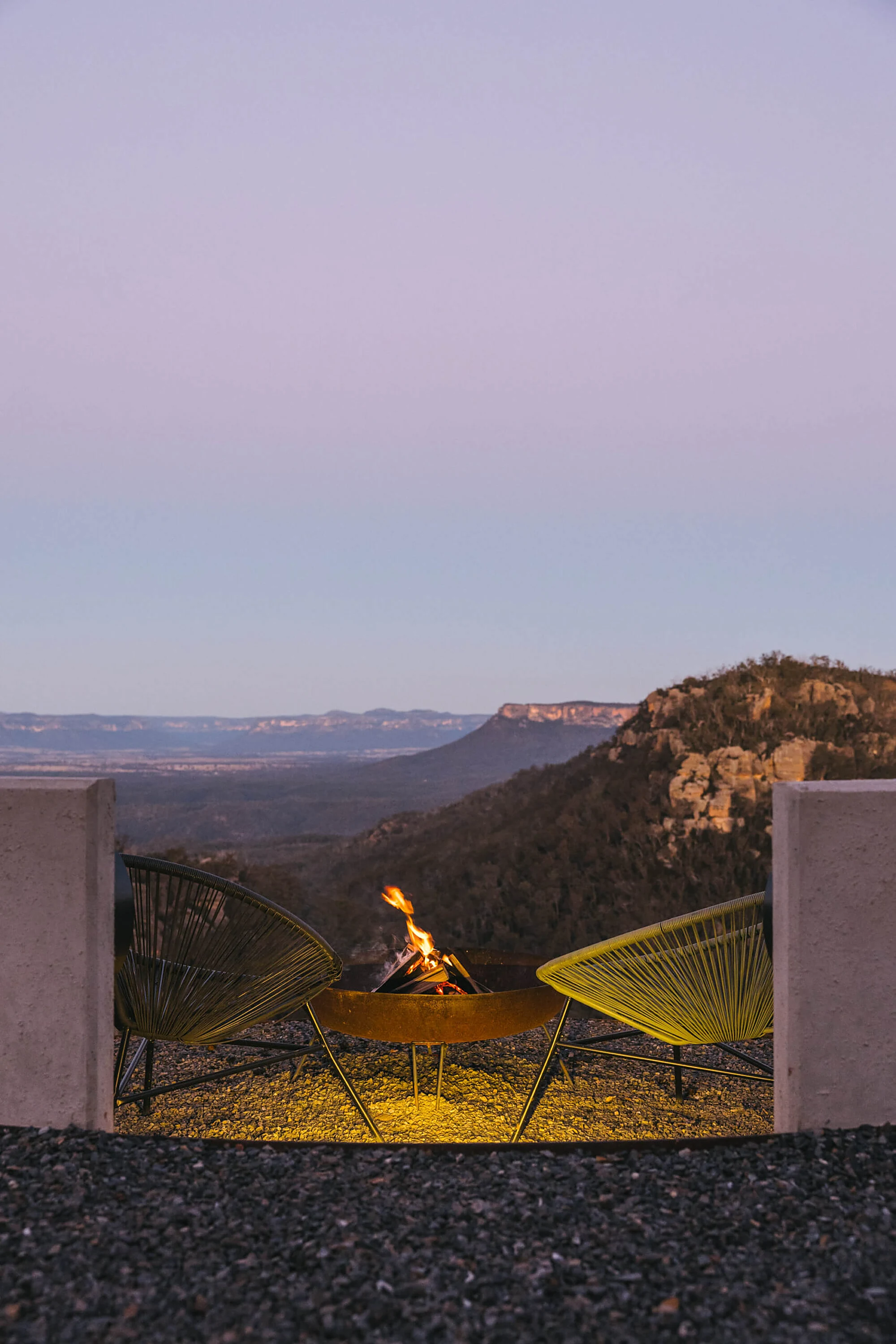 Capertee Valley — fire chairs at dusk