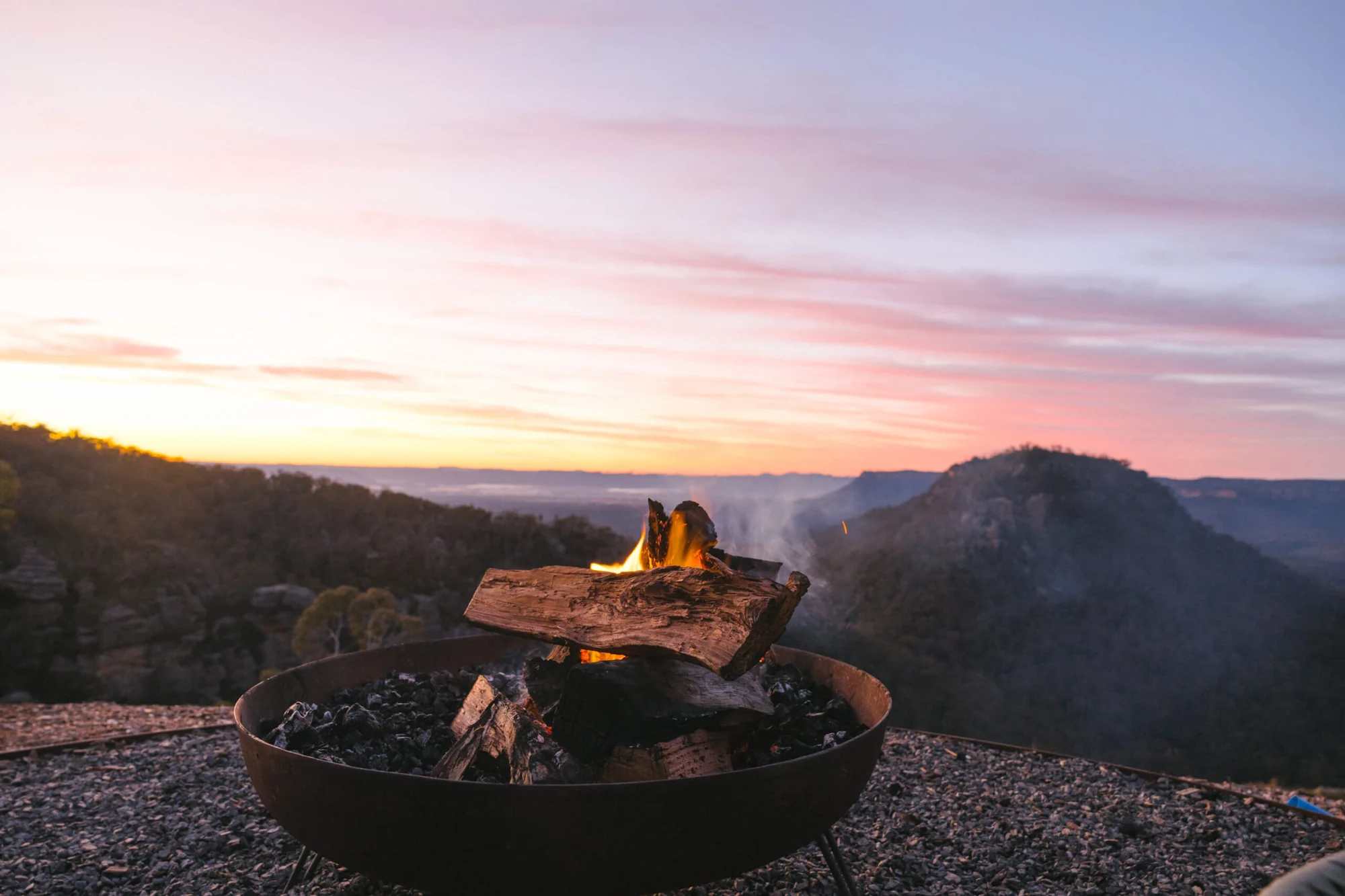 Capertee Valley — fire pit at sunset over the canyon