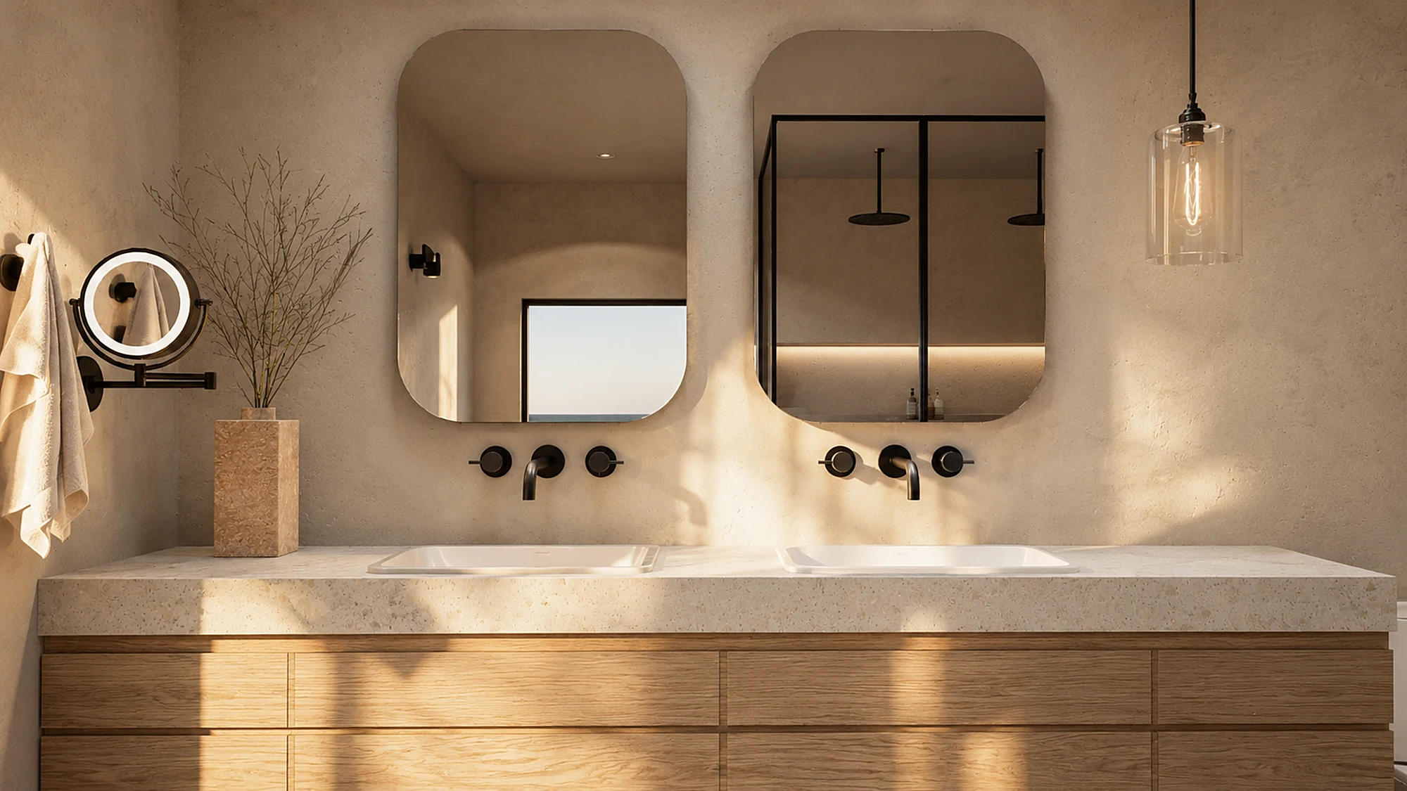 Yucca Valley — Japandi bathroom in stone and timber